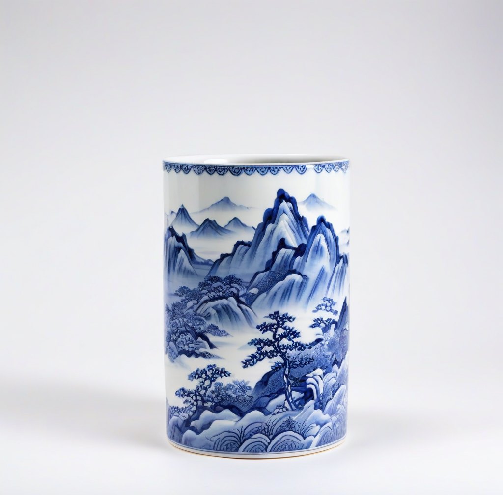 Hand-Painted Landscape Porcelain Brush Pot for Art Supplies