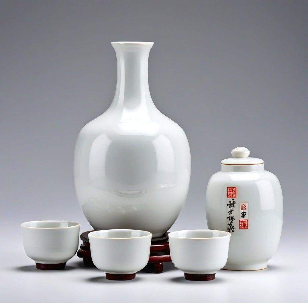 Traditional Porcelain Sake Set with Cups and Bottle
