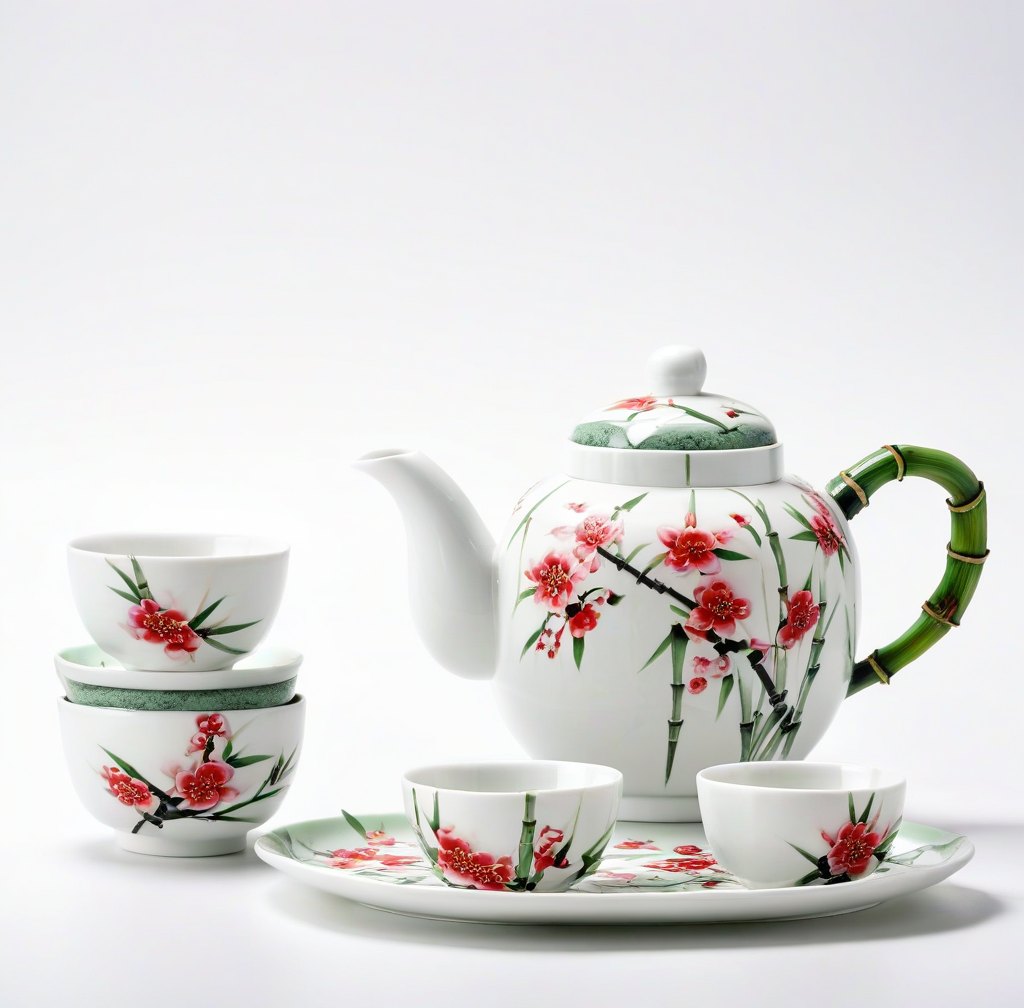 Green Bamboo & Red Plum Porcelain Tea Set - Teapot with Cups